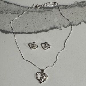 Elegant Silver-Tone Heart Necklace and Earring Set